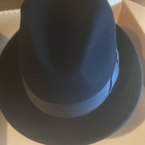 BLACK FRIDAY SALE-Men’s Blue Wool dress hat with satin ribbon and feather - Picture 2 of 9